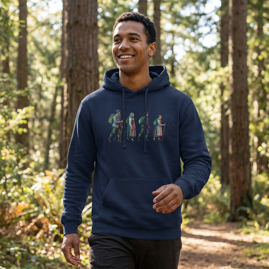 Model wearing the Alpine Hikers personalised hoodie by Wandrhood