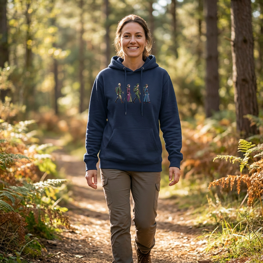 Model wearing the Victorian Hikers personalised hoodie by Wandrhood