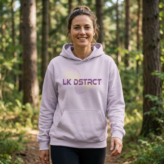 Model wearing the LK DSTRCT personalised Lake District hoodie by Wandrhood