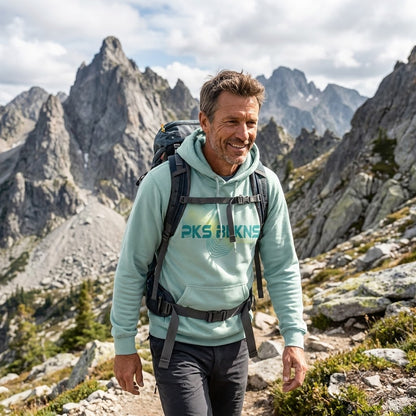 PKS BLKNS Peaks of the Balkans hoodie by Wandrhood, topographic design detail