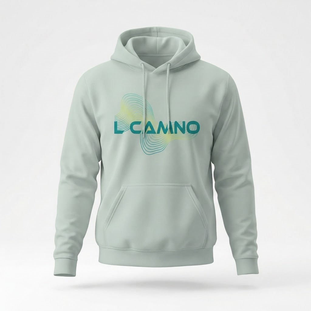 L CAMNO personalised Camino de Santiago hoodie by Wandrhood with topographic route design