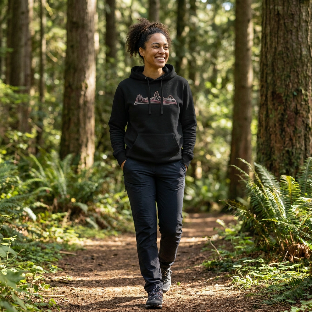 Model wearing the Contour Ridge personalised topographic hoodie by Wandrhood