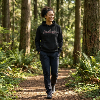 Model wearing the Contour Ridge personalised topographic hoodie by Wandrhood