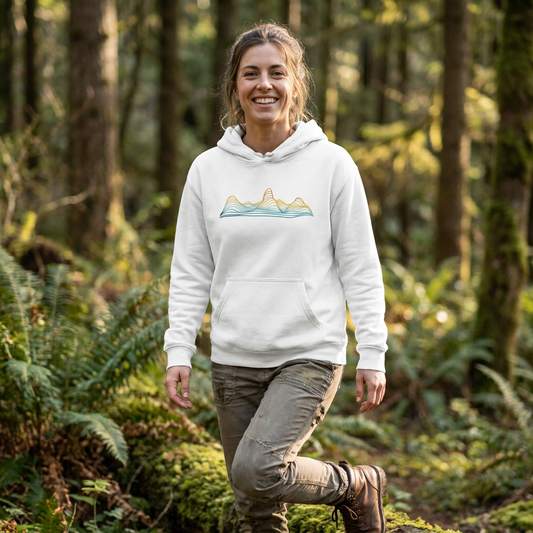 Model wearing the Contour Ridge White personalised topographic hoodie by Wandrhood