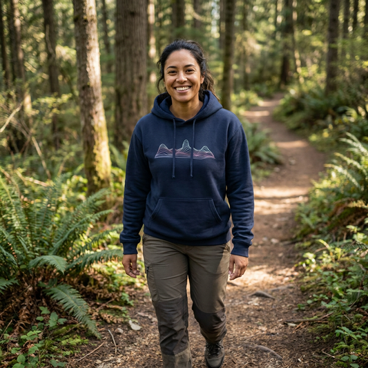 Model wearing the Contour Ridge Navy personalised topographic hoodie by Wandrhood