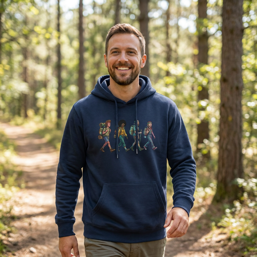 Model wearing the 70's Hikers personalised retro hoodie by Wandrhood