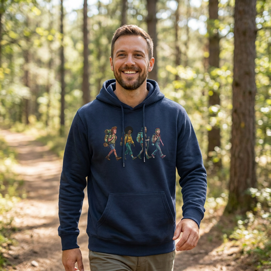 Model wearing the 70's Hikers personalised retro hoodie by Wandrhood