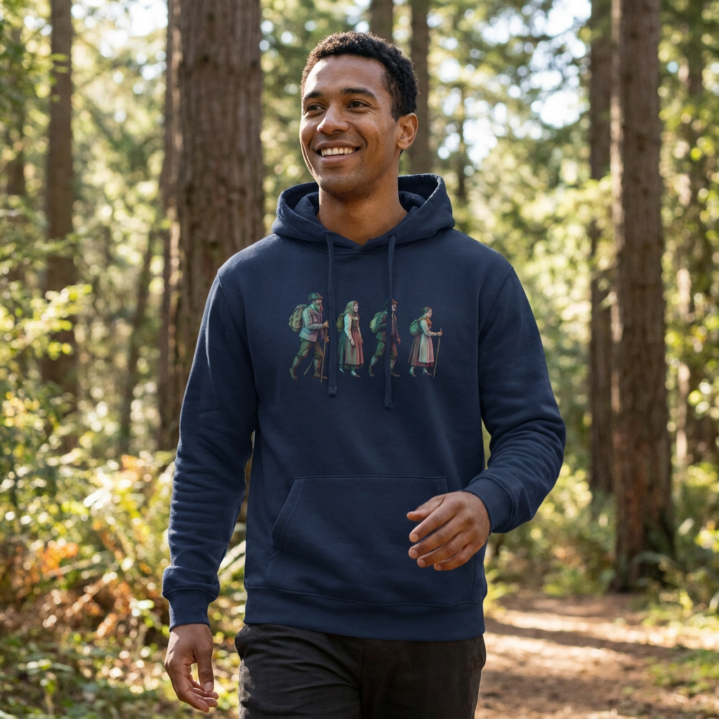 Model wearing the Alpine Hikers personalised hoodie by Wandrhood