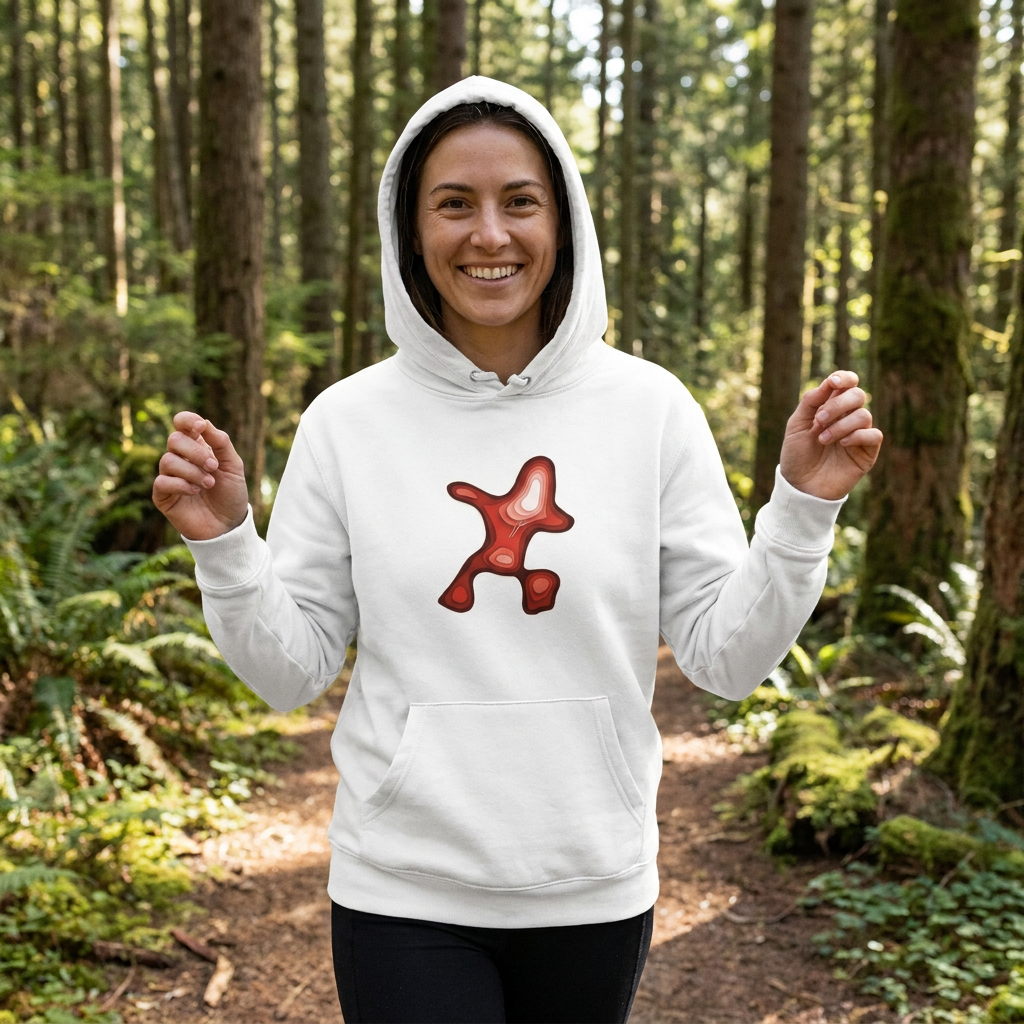 Model wearing the Hilly Boo personalised mountain character hoodie by Wandrhood