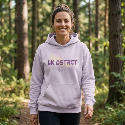 Model wearing the LK DSTRCT personalised Lake District hoodie by Wandrhood