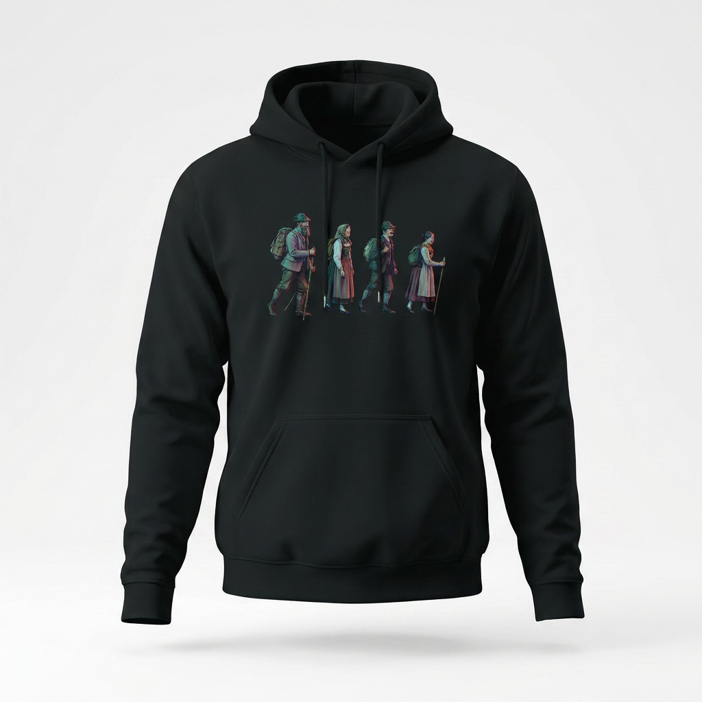 Alpine Hikers hoodie by Wandrhood, front view of the alpine mountain hikers graphic