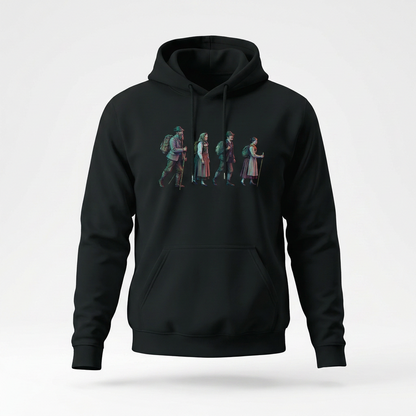 Alpine Hikers hoodie by Wandrhood, front view of the alpine mountain hikers graphic