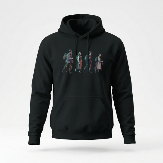 Alpine Hikers hoodie by Wandrhood, front view of the alpine mountain hikers graphic