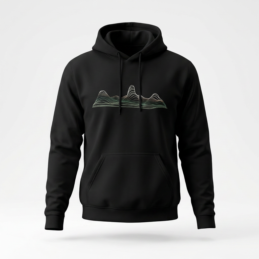 Contour Ridge hoodie by Wandrhood, front view of the topographic ridgeline print