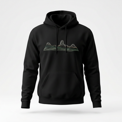 Contour Ridge hoodie by Wandrhood, front view of the topographic ridgeline print
