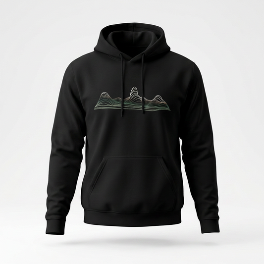 Contour Ridge hoodie by Wandrhood, front view of the topographic ridgeline print