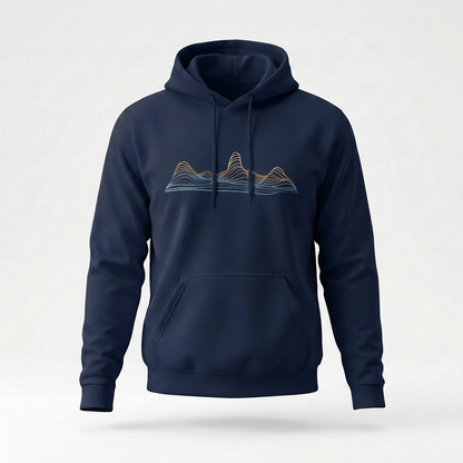 Contour Ridge Navy hoodie by Wandrhood, front view of the topographic ridgeline print on deep navy