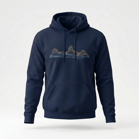 Contour Ridge Navy hoodie by Wandrhood, front view of the topographic ridgeline print on deep navy