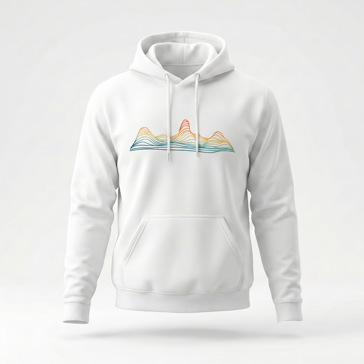 Contour Ridge White hoodie by Wandrhood, front view of the topographic ridgeline print on crisp white