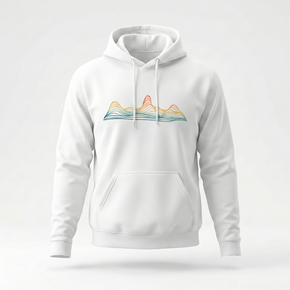 Contour Ridge White hoodie by Wandrhood, front view of the topographic ridgeline print on crisp white