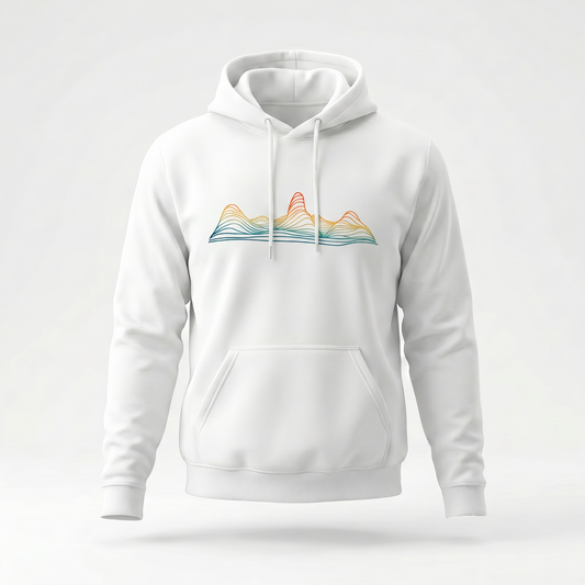 Contour Ridge White hoodie by Wandrhood, front view of the topographic ridgeline print on crisp white