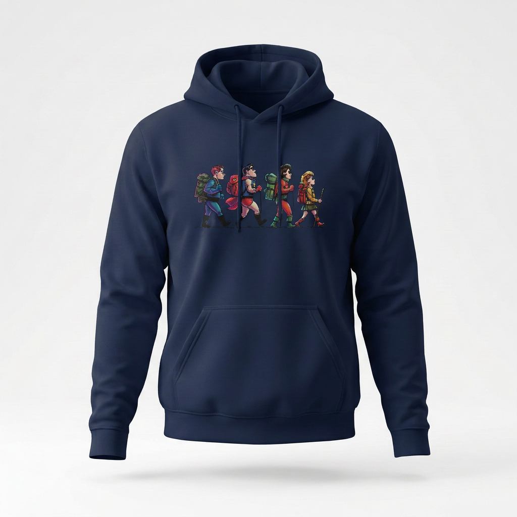Superheroes hiking hoodie by Wandrhood, front view of the superhero hikers graphic