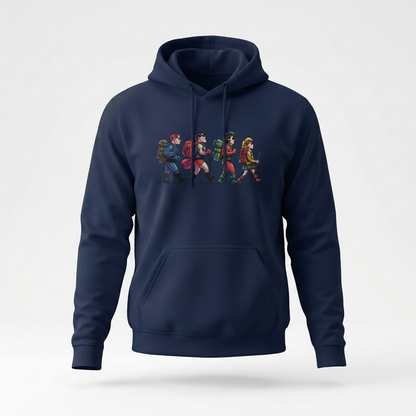 Superheroes hiking hoodie by Wandrhood, front view of the superhero hikers graphic