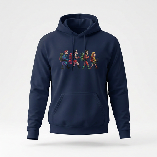 Superheroes hiking hoodie by Wandrhood, front view of the superhero hikers graphic