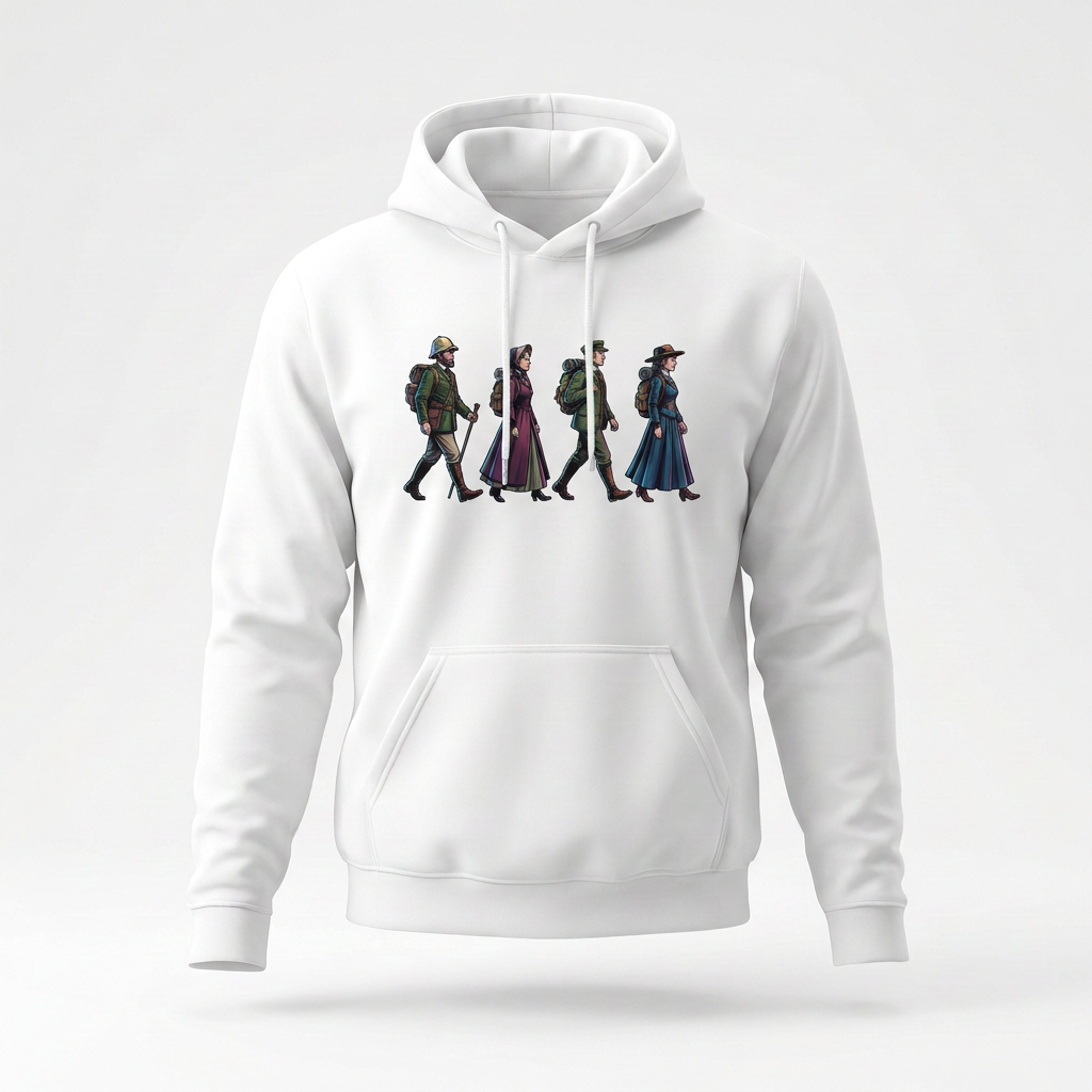 Victorian Hikers hoodie by Wandrhood, front view of the vintage hikers illustration