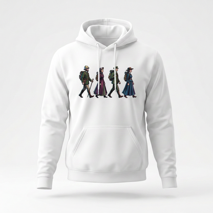 Victorian Hikers hoodie by Wandrhood, front view of the vintage hikers illustration