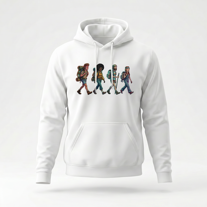 70's Hikers retro hoodie by Wandrhood, front view of the vintage seventies hiking graphic