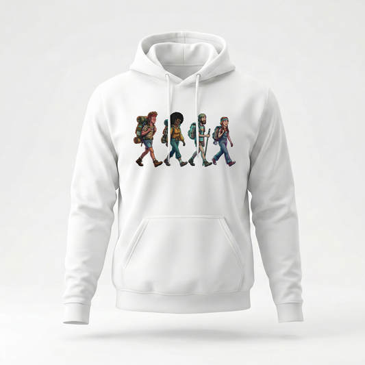 70's Hikers retro hoodie by Wandrhood, front view of the vintage seventies hiking graphic