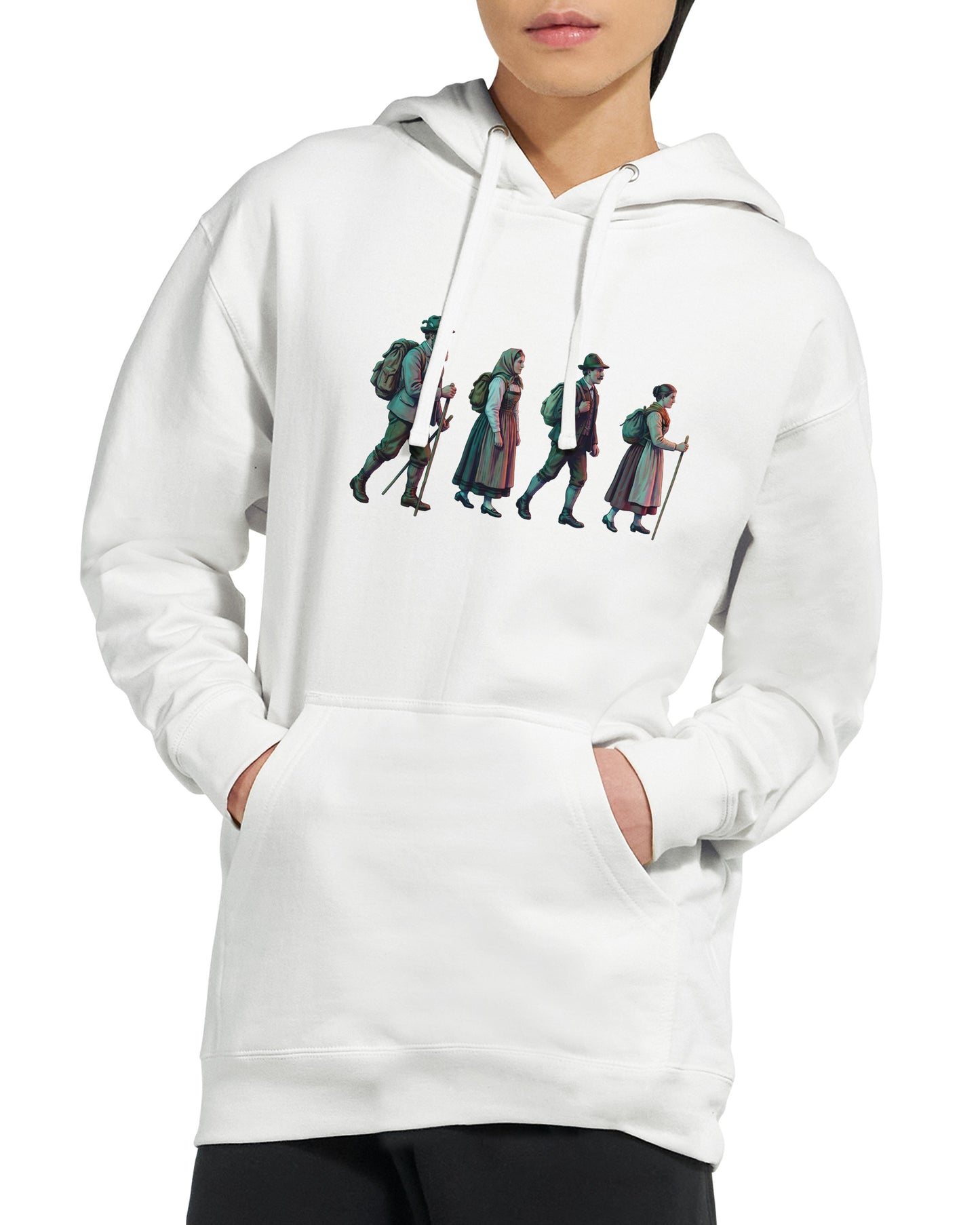 Model wearing the Alpine Hikers hoodie by Wandrhood, front view