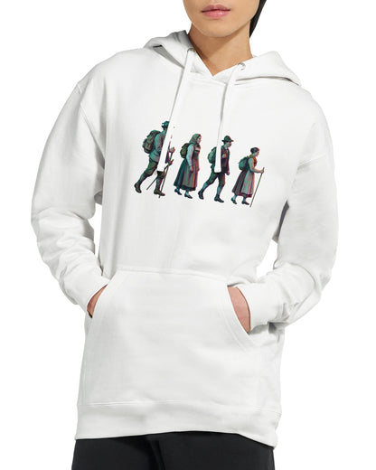 Model wearing the Alpine Hikers hoodie by Wandrhood, front view