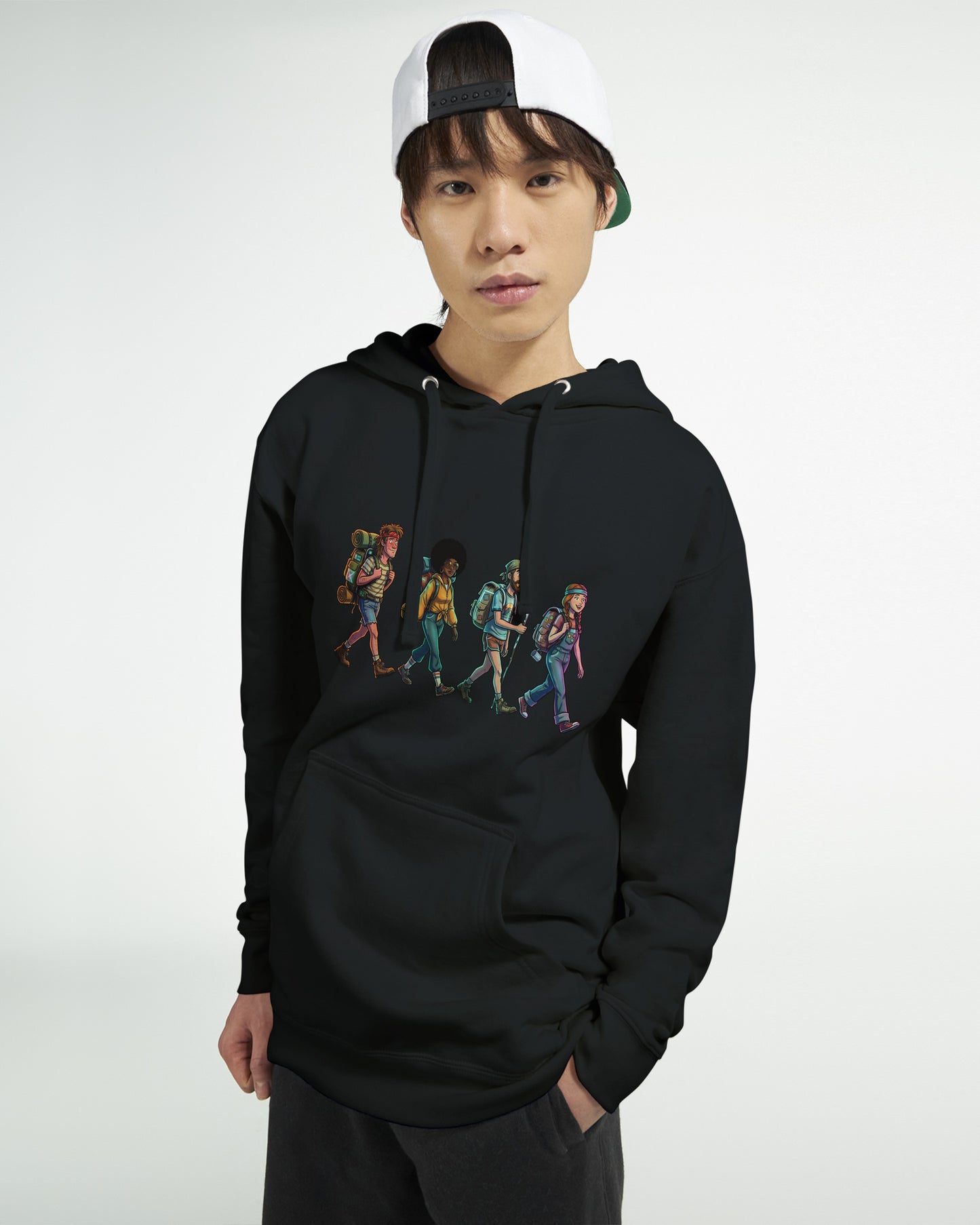 Model wearing the 70's Hikers hoodie by Wandrhood, editorial shot