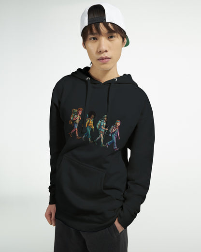 Model wearing the 70's Hikers hoodie by Wandrhood, editorial shot
