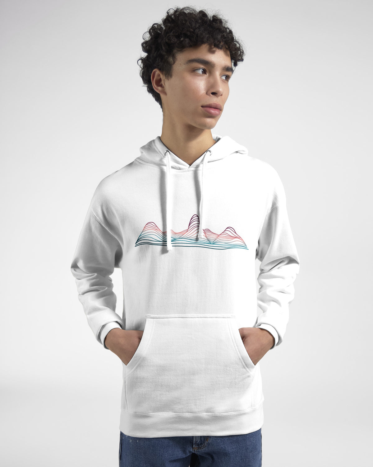 Model wearing the Contour Ridge White hoodie by Wandrhood, editorial shot