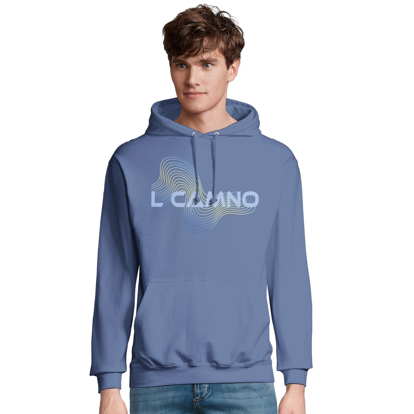 Model wearing the L CAMNO personalised Camino hoodie by Wandrhood, front view