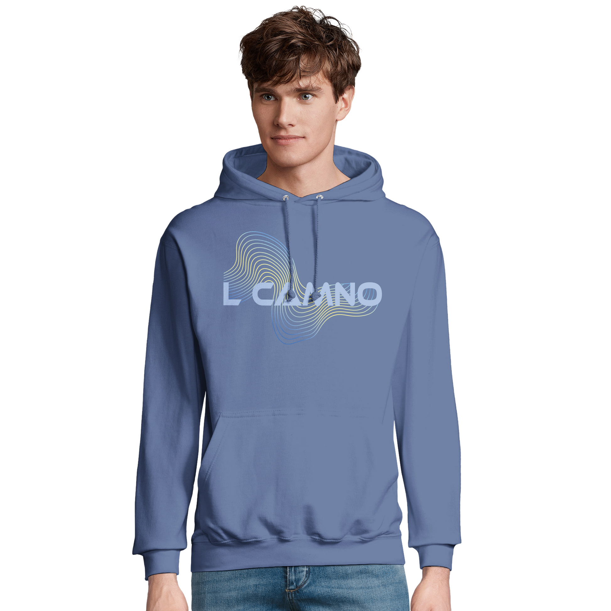 Model wearing the L CAMNO personalised Camino hoodie by Wandrhood, front view