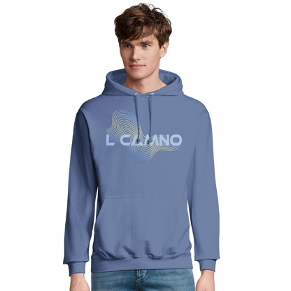 Model wearing the L CAMNO personalised Camino hoodie by Wandrhood, front view