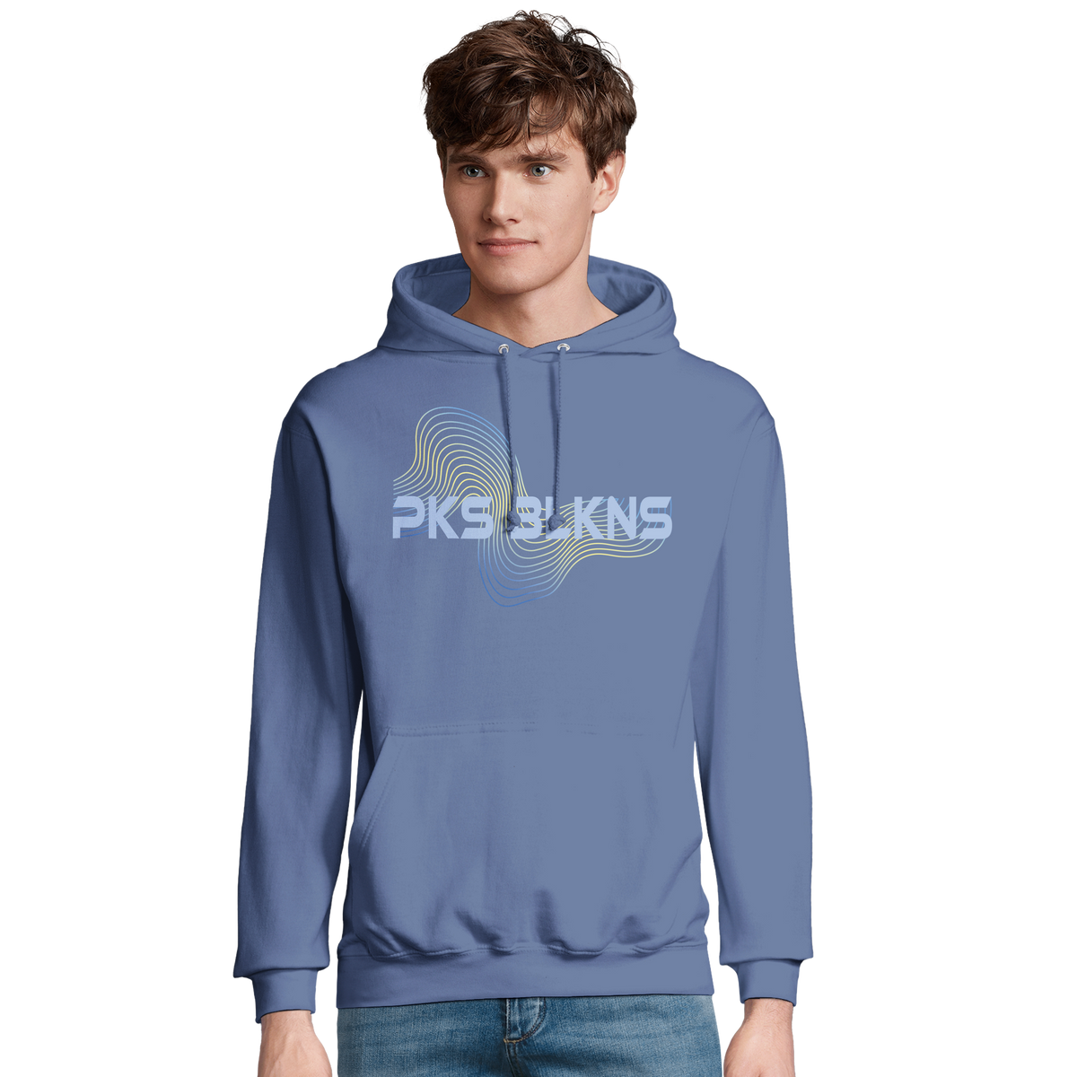 Model wearing the PKS BLKNS personalised hoodie by Wandrhood, front view
