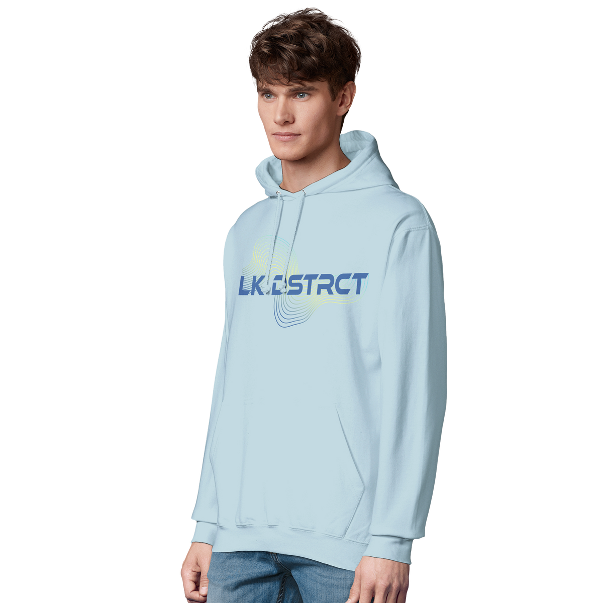 Model wearing the LK DSTRCT Lake District hoodie by Wandrhood, side view