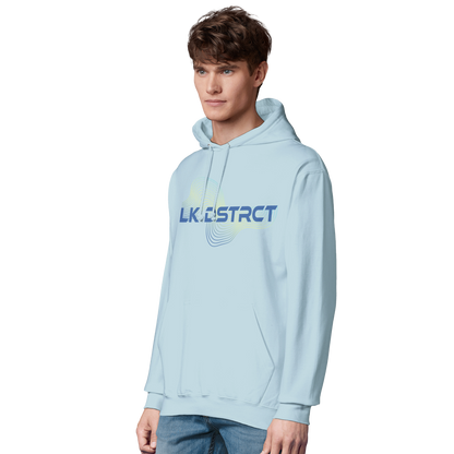 Model wearing the LK DSTRCT Lake District hoodie by Wandrhood, side view