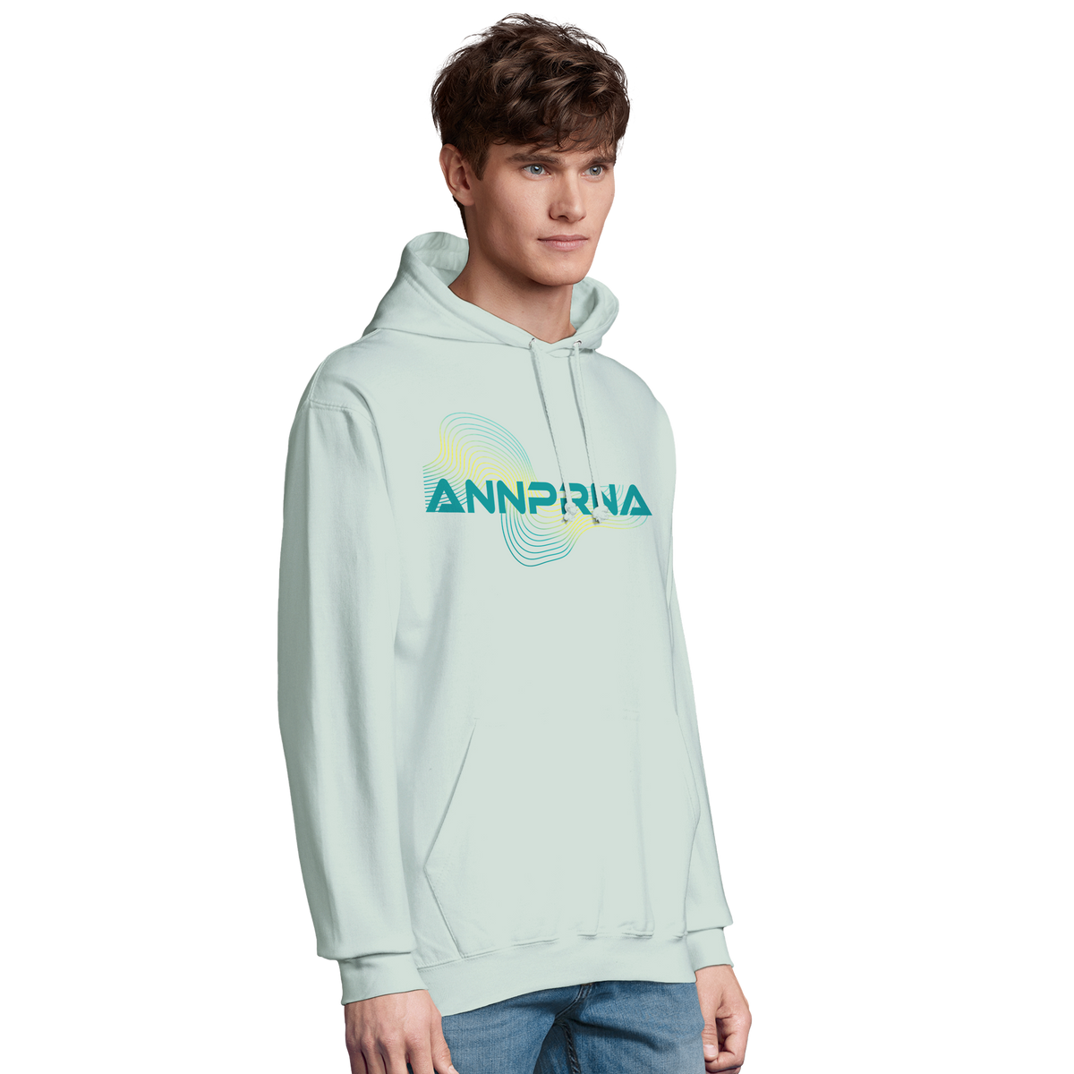 Model wearing the ANNPRNA personalised Annapurna hoodie by Wandrhood, side view