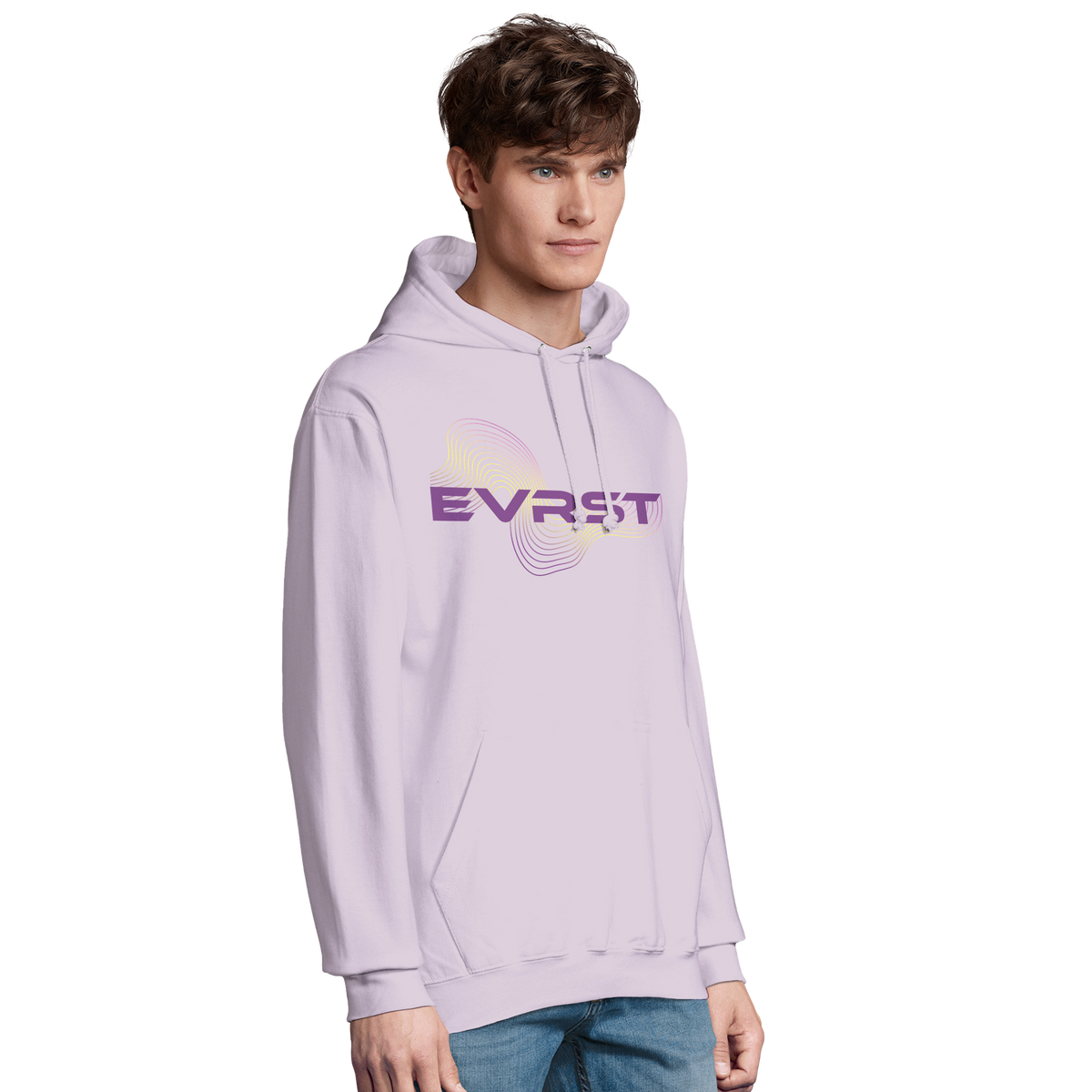 Model wearing the EVRST personalised Everest hoodie by Wandrhood, side view