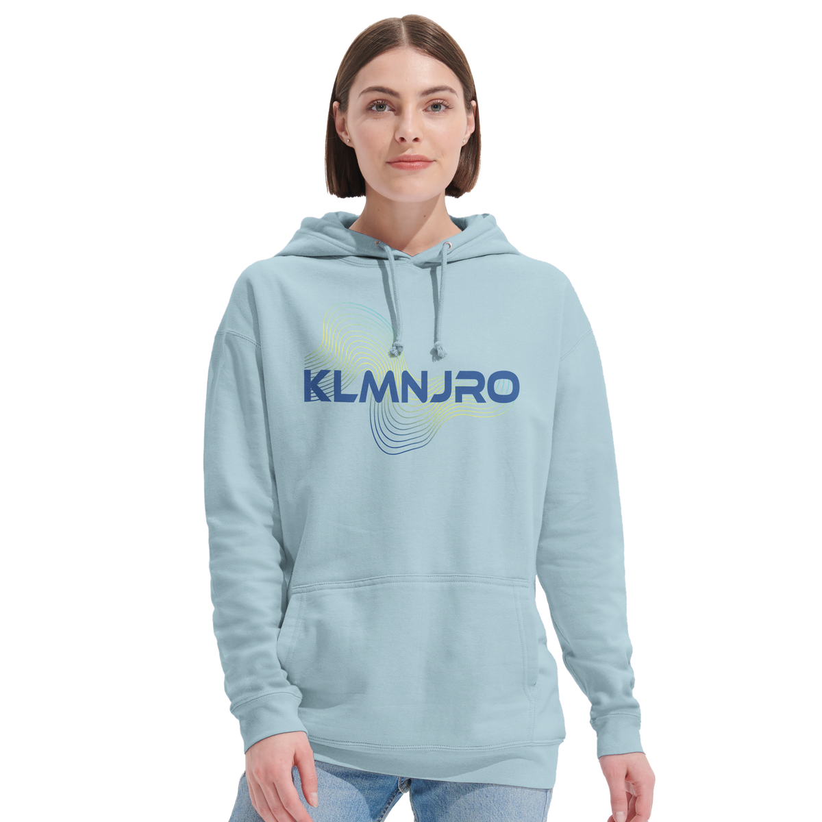 Model wearing the KLMNJRO personalised Kilimanjaro hoodie by Wandrhood, front view